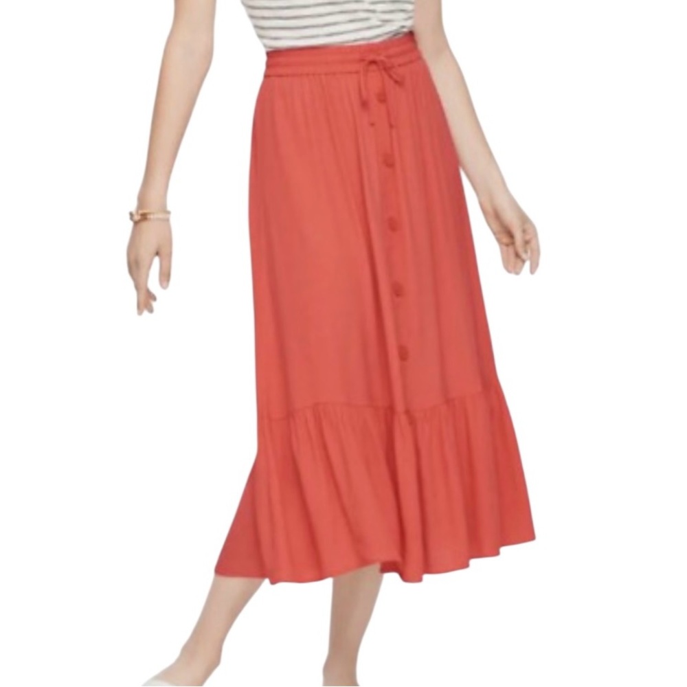 Talbots Petites Tiered Midi Skirt Button Front Coral Tomato Red Drawstring XLP